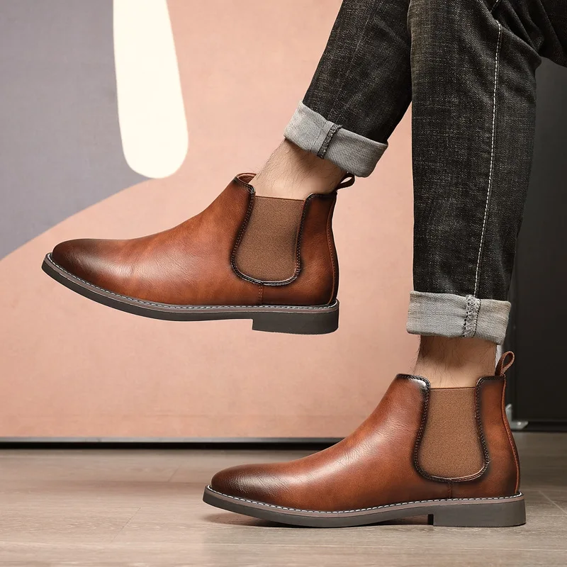 Autumn Pointed Toe Men Chelsea Boots Fashion Slip-On Genuine Leather High Shoes Dress Business Formal Casual Large Size 38-46