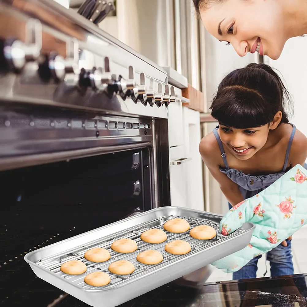 

2 Piece Stainless Steel Frying Draining Rack Nonstick Baking Pan Toaster Oven Tray Wire Cooling Grid Home Kitchen Use