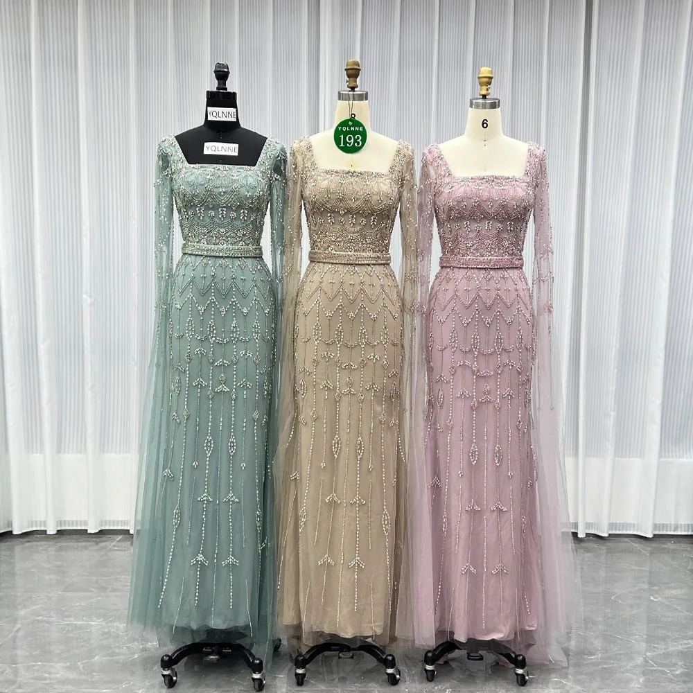 

YQLNNE 0193 Шавьево-зеленые вечерние платья с длинными рукавами-накидкой и кристаллами ручной работы с квадратным воротником