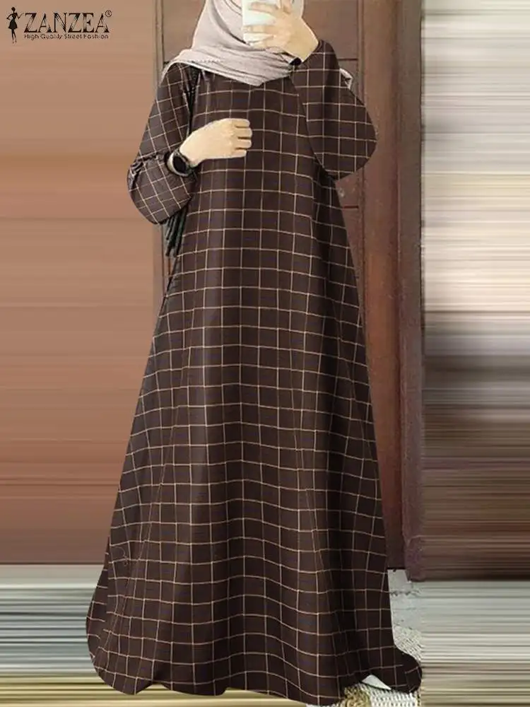 

2024 ZANZEA Fashion Women Muslim Dubai Turkey Abaya Plaid Checked Long Dress Casual Long Sleeve Hijab Sundress Islamic Clothing