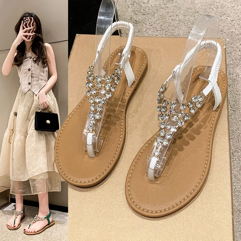 

Summer New Flat Transparent Rhinestones Pintoe Women's Sandals, Fashion Casual Light Beach Cool, Shoes Women