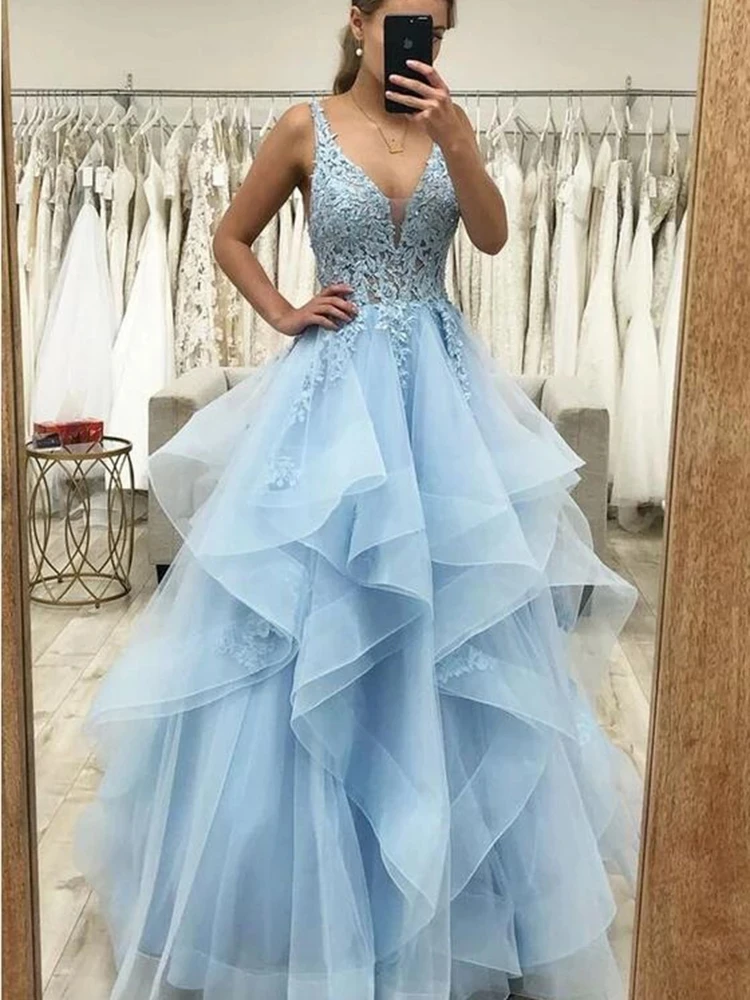 ANGELSBRIDEP Blue A-line Evening Dress Ruffles Party Prom Gowns vestido de noche Beading Applique Princess Formal Celebrity Gown