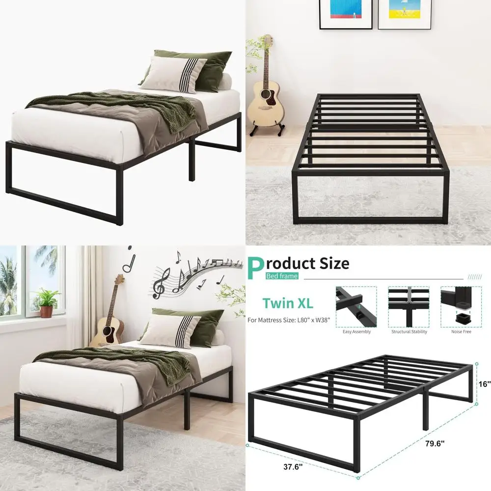 

16 Heavy Duty Metal Twin XL Bed Frame, No Box Spring, Easy Assembly, Quiet, Black