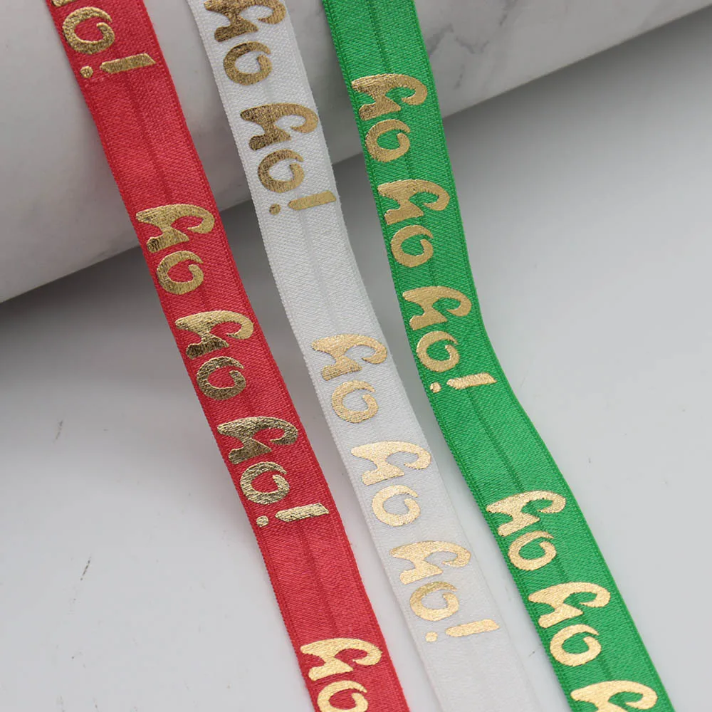 

5/8" 15mm Merry Christmas Gold ho ho ho Printed FOE Fold Over Elastic Ribbon For Hair Ties Christmas Accessories Decorations