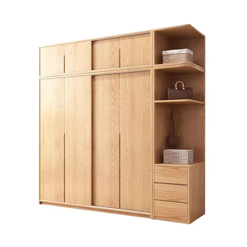 All solid wood oak wardrobe, wooden style family apartment, Nordic sliding door wardrobe, children's storage cabinet