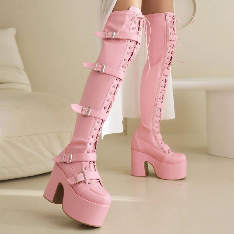 ippeum Pink Platform Sexy Thigh High Boots Women Gothic Chunky Heels y2k Shoes Belt Buckles Lace Up Punk Style Long Botas Dupes