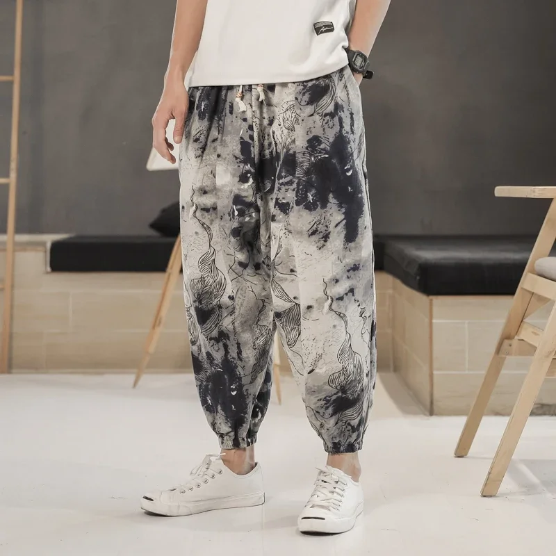 Men Bohemia Printed Trousers Japanese Harajuku Streetwear Pants Chinese Style Casual Cotton Linen Fashion Bloomers Nepal Bottoms