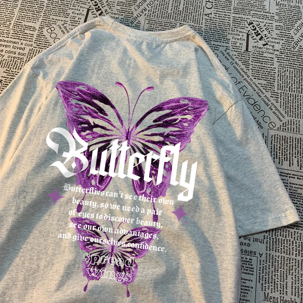 Two Purple Butterflies T Shirts Men Women Crewneck Cute Clothing Cotton Casual T-Shirts Summer Loose Tops Couple Breathable