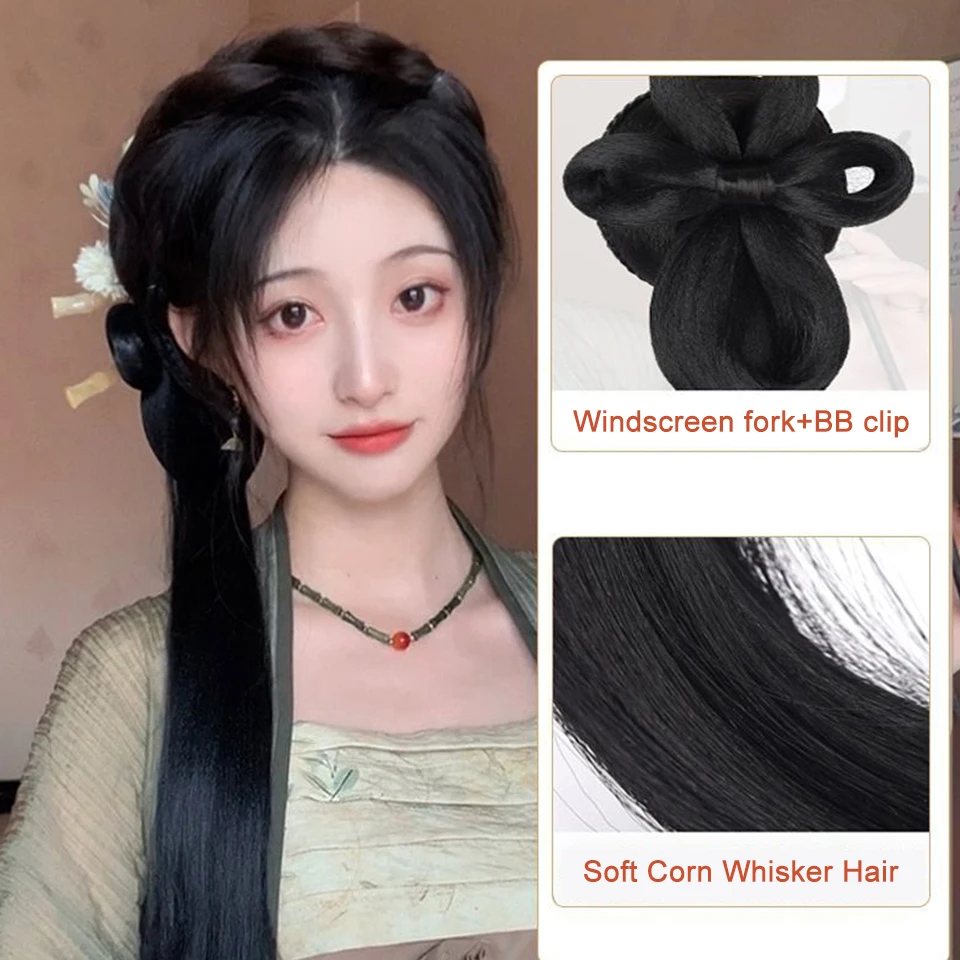 Chinese Ancient Wig  Women Hanfu Wigs Headdress Photography Dance Accessory   Wigs Black For Women Integrated Hair bun  High tem