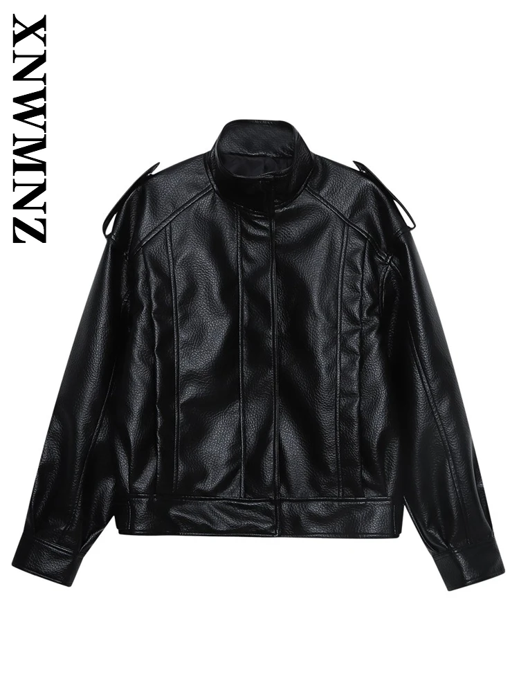 

XNWMNZ 2025 Autumn New Woman's Chic Casual Long Sleeve Stand Collar Imitation Leather Jacket Vintage Woman Black Coat zipper