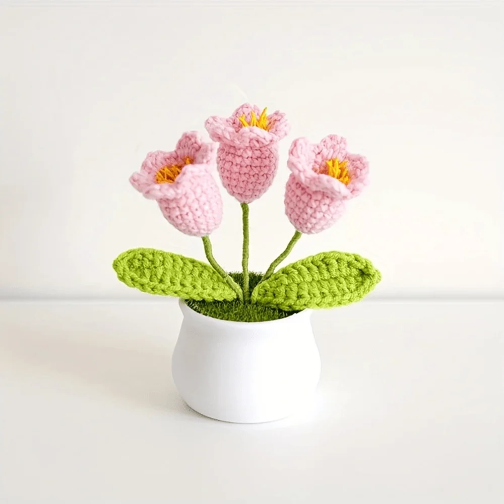 Boutique handmade woven 3-head lily of the valley potted home decoration, knitted simulation flower yarn hook woven lily of the