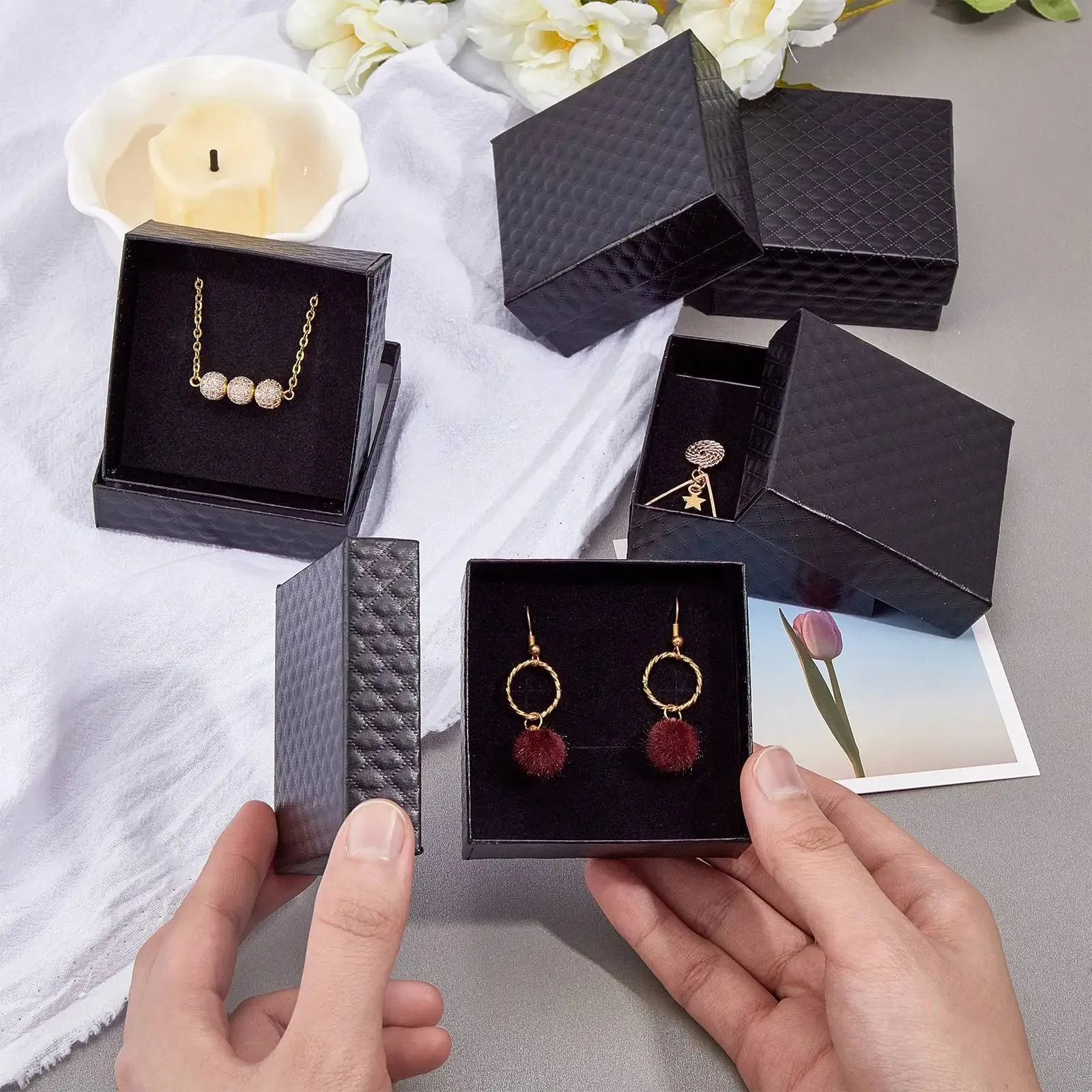 12pcs Black Square Cardboard Jewelry Boxes 7.5x7.5x3.5cm Each for Pendant Earring Ring - Valentine's Day Gift Packaging