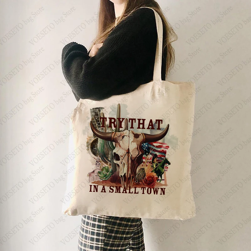 Try That in A Small Town Pattern Canvas Shopping Bag Portable Shoulder Bag Fashion Country Music Lover Tote Bag for Daily Life