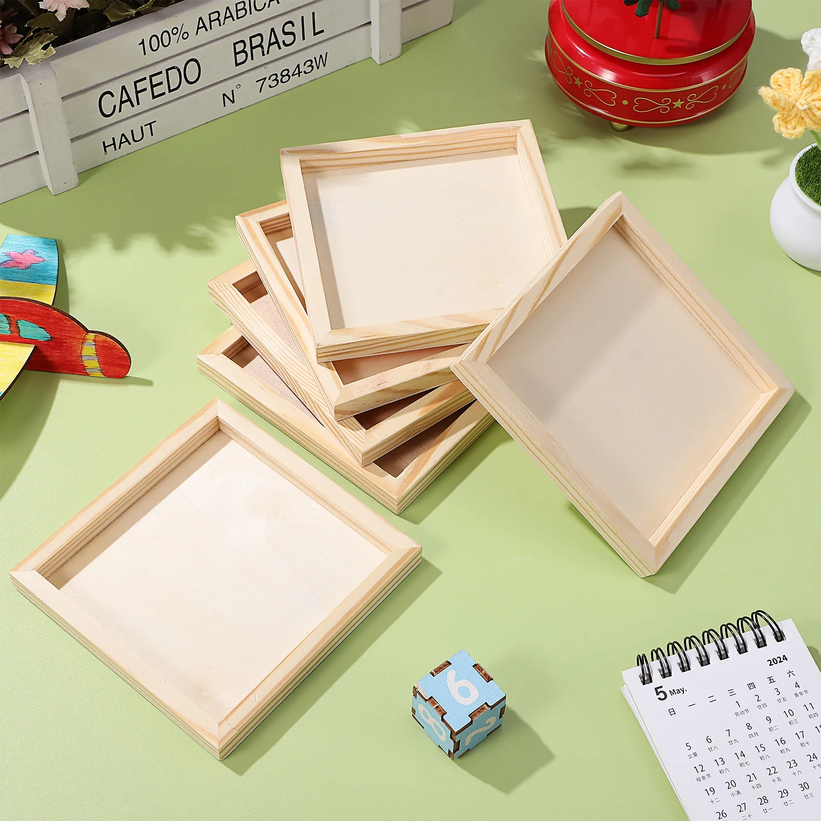 

6 Pcs Hexahedral Painting Trays Natural Wood Unfinished Storage Craft Toy Dishes Durable Kids Room Family Kindergarten School