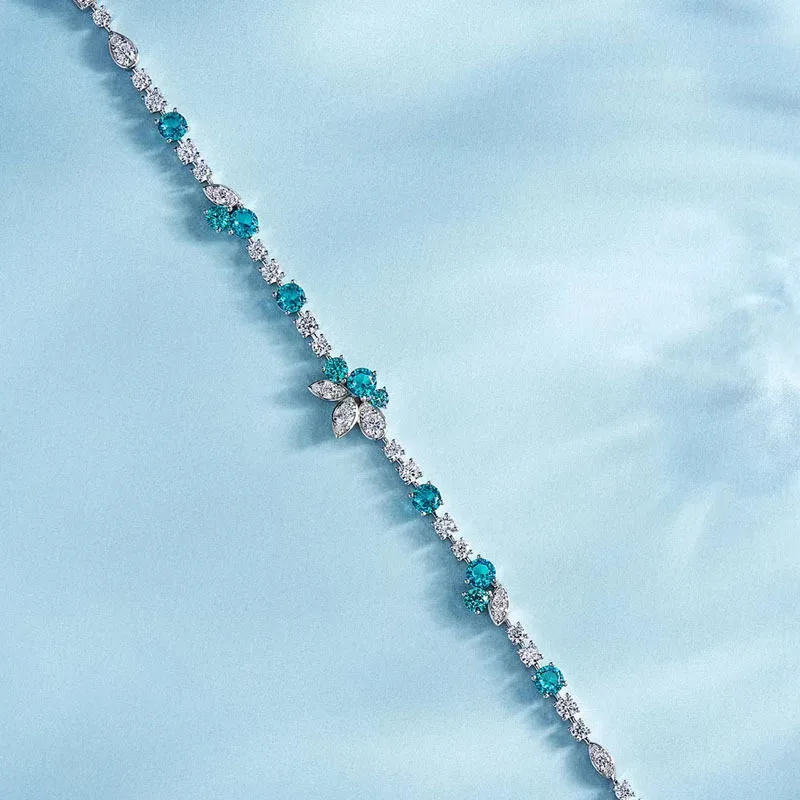 100% Real 925 Sterling Silver Paraiba Tourmaline Diamond Chain Bracelet Bangle Women Wedding Party Fine Jewelry