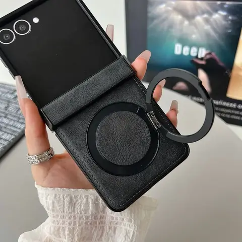 Manyetik Deri Telefon Kılıfı Samsung Galaxy Z Flip 7 FE 6 5 4 3 Flip7 Flip6 Flip5 5G Halka Tutucu Menteşe Koruyucu Kapak