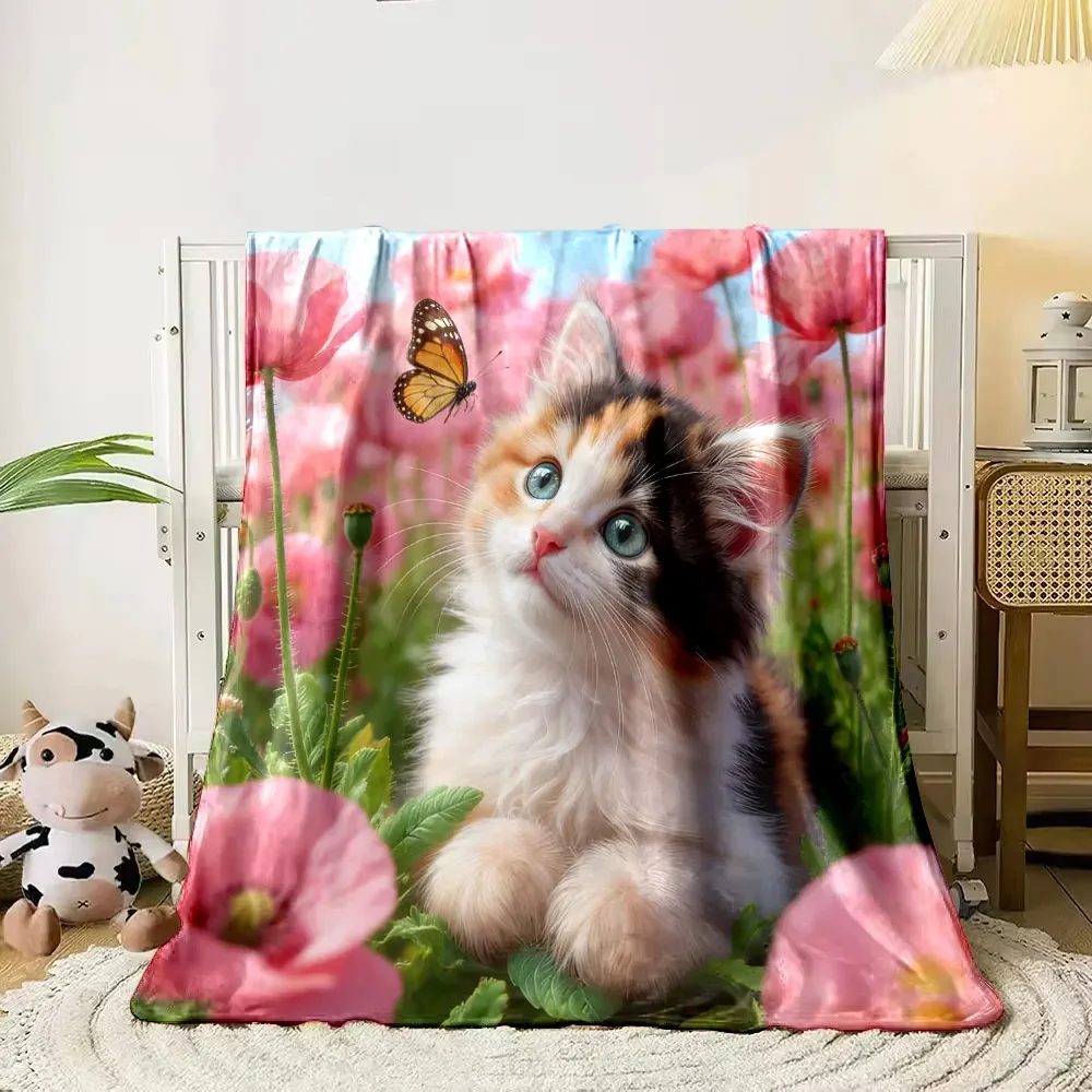1Pc Cats Surrounded By Flowers Printed Blanket Soft Comfortable Home Travel Adult Child Warm Sofa