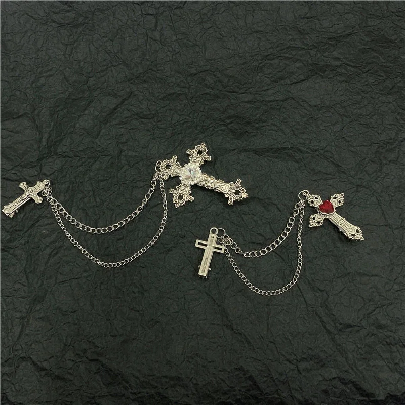 Y2K Fermaglio per capelli con catena a croce in cristallo punk per donna Uomo Camicia gotica Spilla Accessorio per abbigliamento Gioielli Regalo per feste