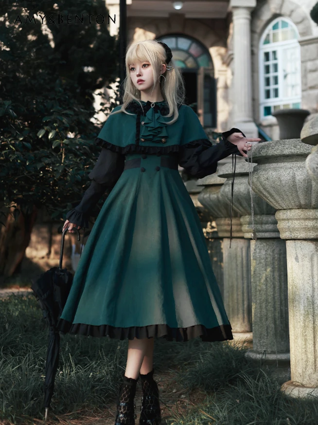 Magic Academy Gothic OP Lolita Dress Spring Autumn New British Temperament Short Coat Slim Mid-length Dress Two-piece Set Women