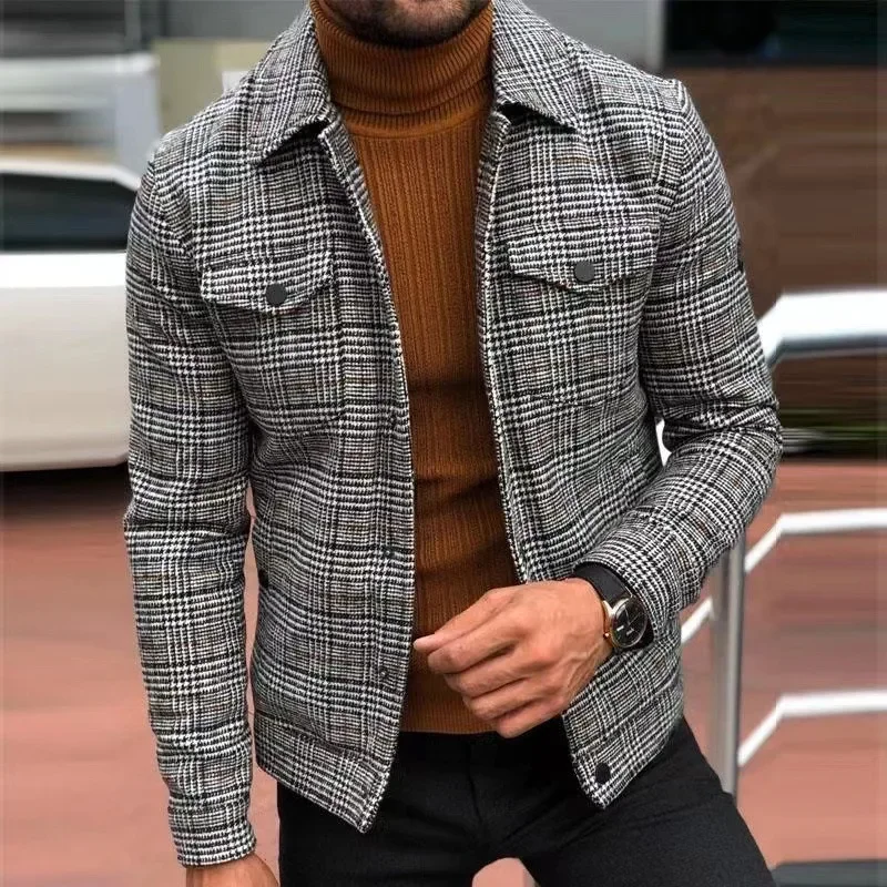 Y2K Autumn Winter Vintage Long Sleeve Single Breasted Turn Down Collar Slim Fit Pocket Plaid Jacket Outwear Elegant Men Coat