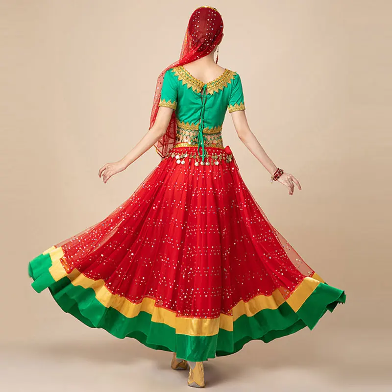 

Women Bollywood Belly Dance Costume Set Ladies Shiny Tops Skirt Waist Belt Dancing Outfit Stage Performance Carnival Clothes Set