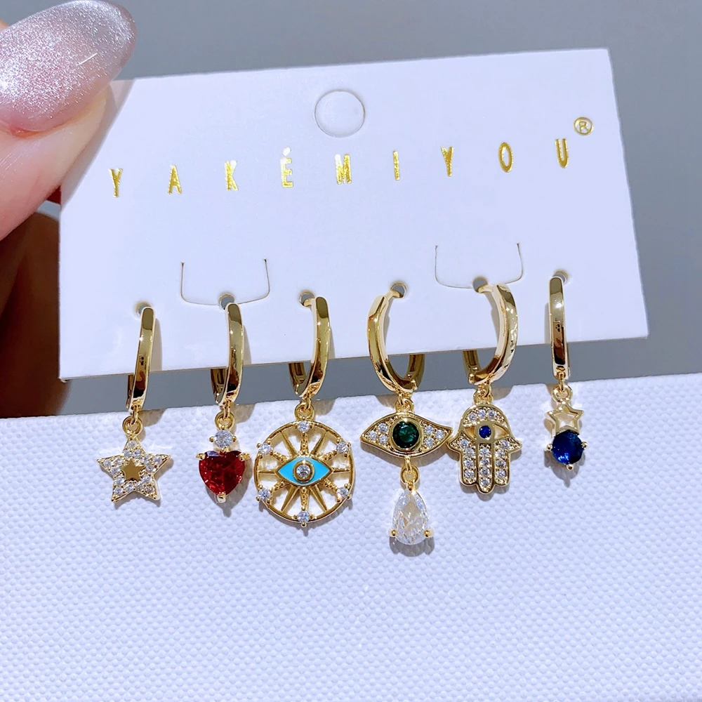 

MIGGA 6pcs Fatima Hand Evil Eye Pendant Dangle Earrings Set Gold Plated Cubic Zircon Stone Women Jewelry