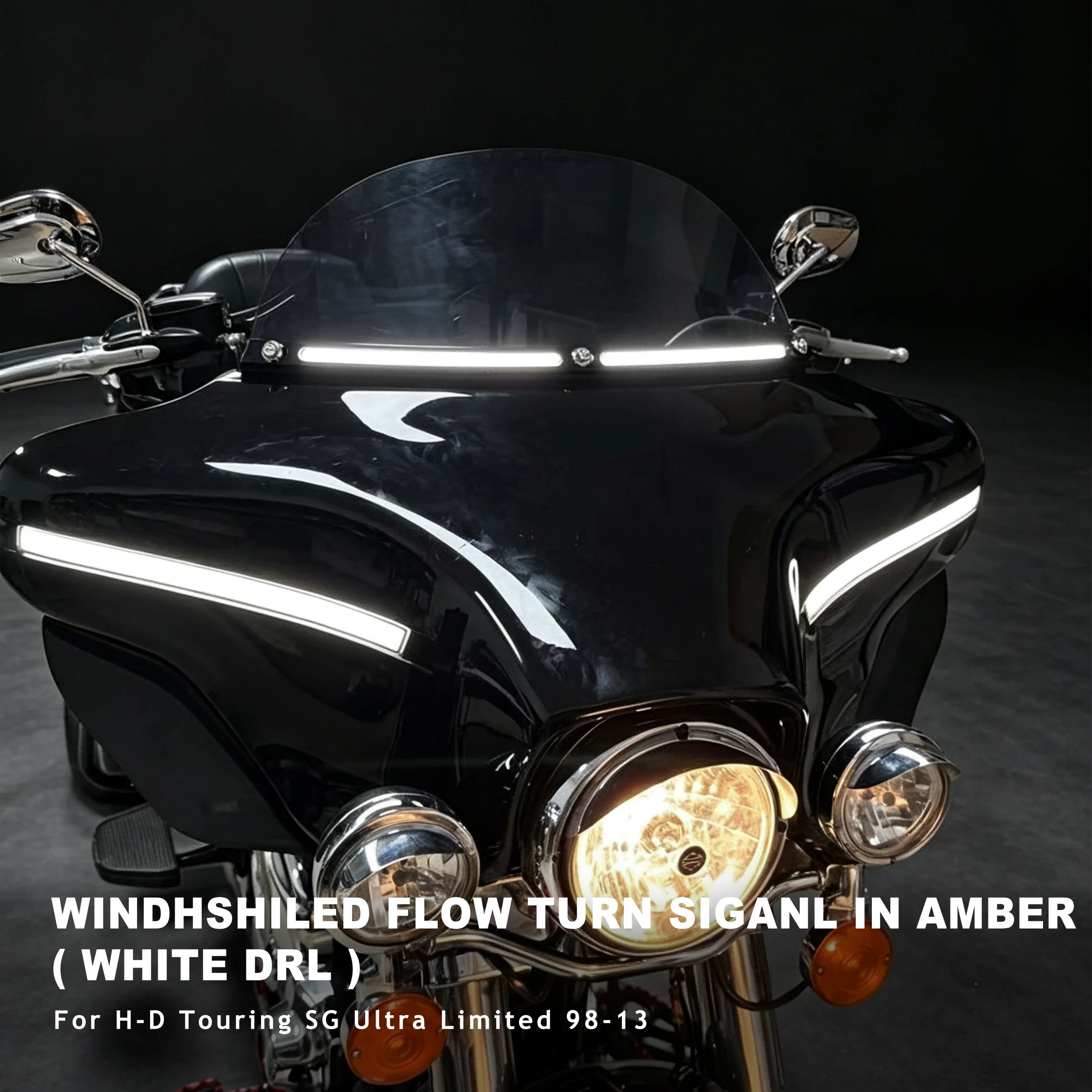 Motorcycle Windshield Trim Light Amber Flow Turn Signal White DRL Running Lamp for Harley Touring SG Ultra Limited 1998‑2013