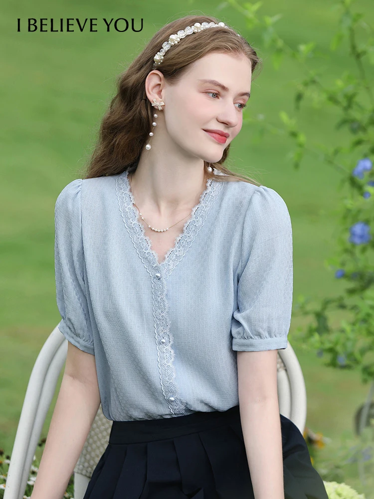 

I BELIEVE YOU Chiffon Shirts For Women 2024 Summer Blue V-neck Short-sleeve New Temperament Classic Elegant Blouses 2242205706