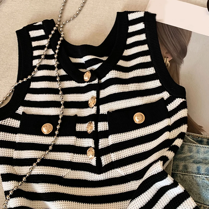 Moda listrada casual em torno do pescoço fino ajuste botão senhora doce outerwear colete para mulher