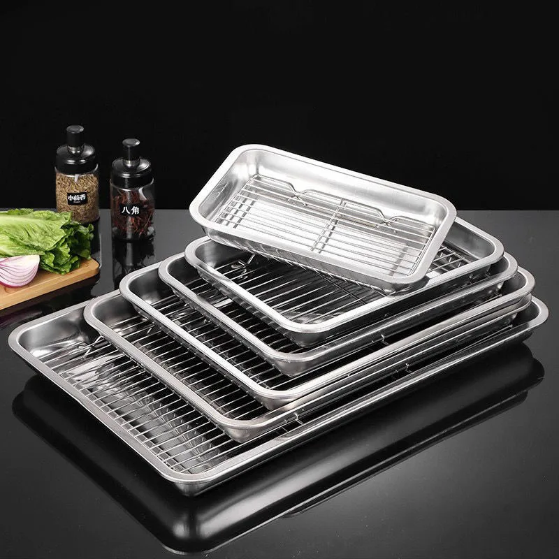 

Rectangle Stainless Steel Bakeware BBQ Grid Food Storage Tray Bread Baking Pan Cooling Rack Fruit Pastry Plates Kitchen Utensils