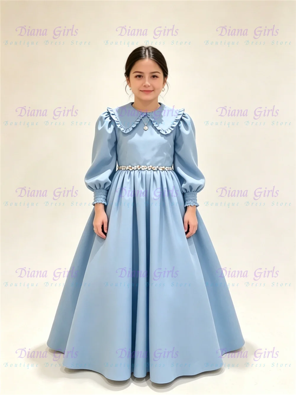 Quality Elegant Blue Flower Girl Dress Satin Fluffy with Exquisite Pleated Design for Kids Birthday Party Evening Ball Gowns
