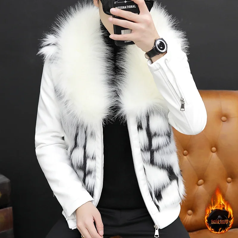 HOO 2024 Men\'s Cool Fur Collar Leather Coat Youth Fleece Thickened Faux Fur PU Leather