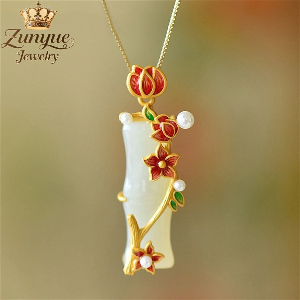 Natural Hetian Jade Plum Blossom Bamboo Joint Pendant Necklace Luxury Quality Jewelry Fashion Jewelry Exquisite Charms Popular