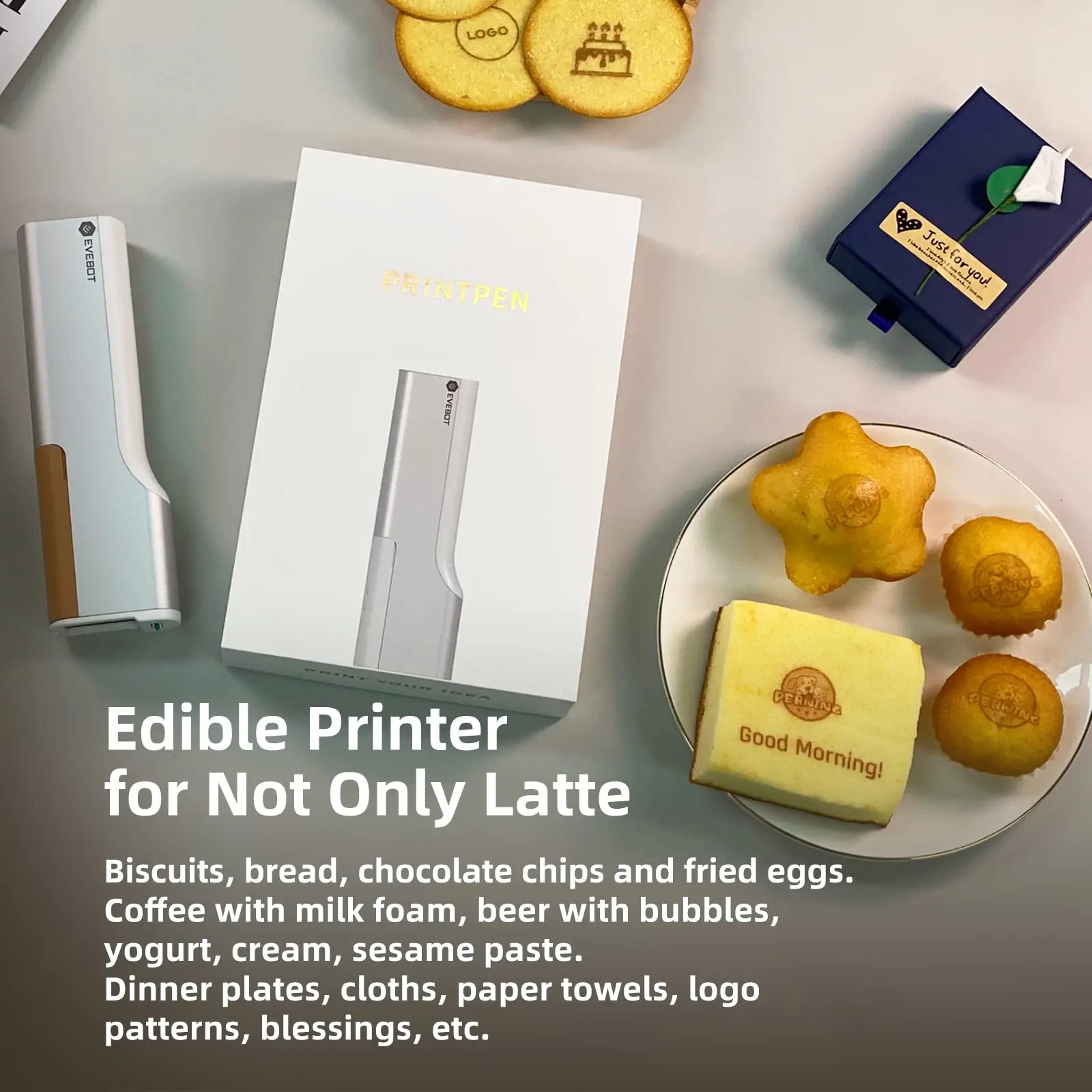 EVEBOT PrintPen Mini Handheld Portable Coffee Printing Portable Inkjet Printer Handheld for Cake Coffee Macaron Surface Printing