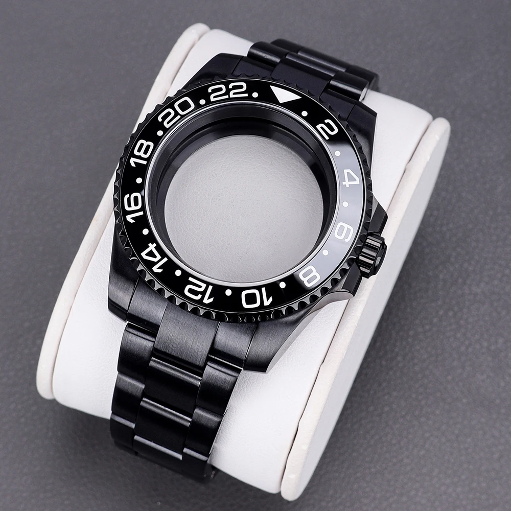 

40mm Black PVD GMT Watch Case for SUB NH34 NH35 NH36 8215 ETA2824 PT5000 Sloping Bezel SapphireGlass Oyster strap sliding buckle
