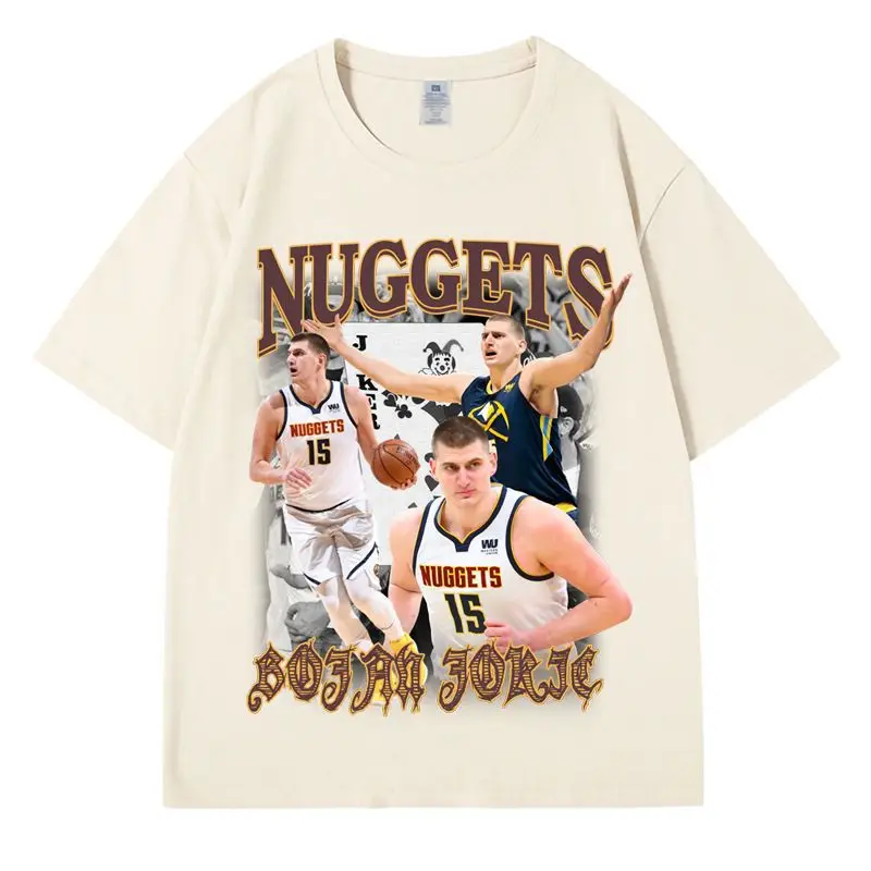 American Retro Loose Nuggets No. 15 Jokic Basketball Clothes Short-sleeved Training Clothes T-shirt Sports Fitness Comfortable