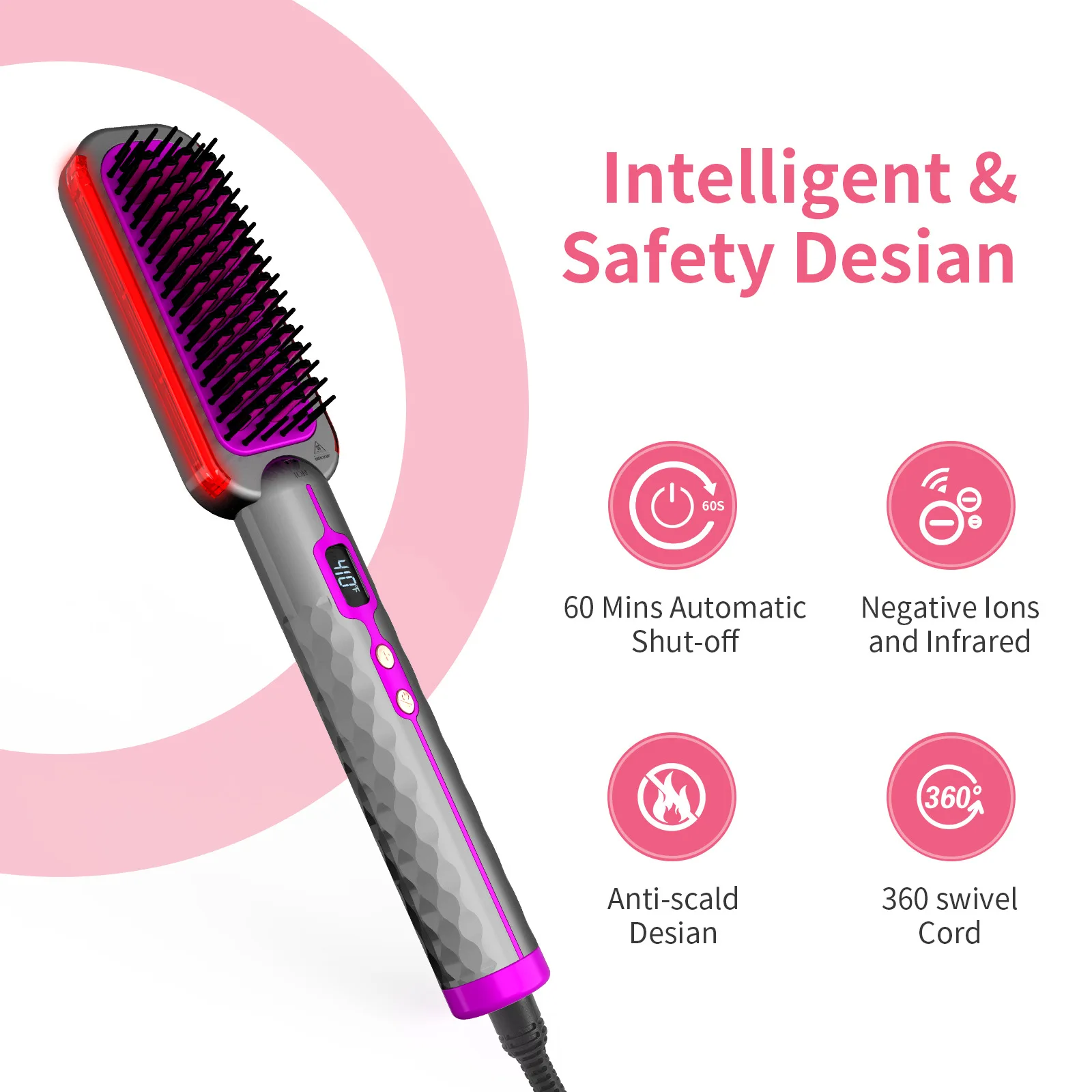 Ionic Hair Straightener Brush,Hot Brush Hair Straightener,Hot Comb with Anti-Scald Feature,Straightening Brush for Home Salon