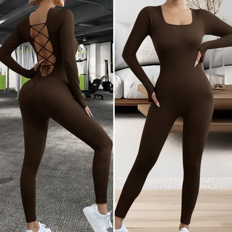 Women Square Neck Beauty Back Yoga Jumpsuit One Piece Yoga Fitness Tight Workout Bodysuit