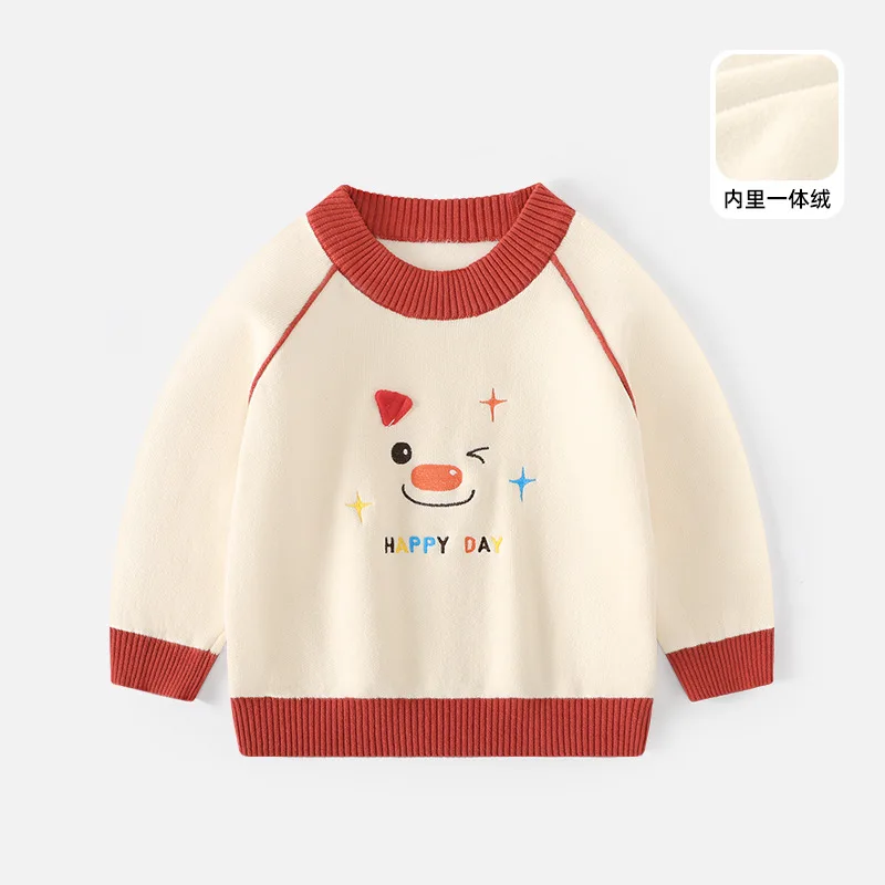 

Autumn and Winter Velvet Sweater, Children's Korean Cartoon Thick Base Sweater, Warm Top, Baby Velvet Pullover Sweater