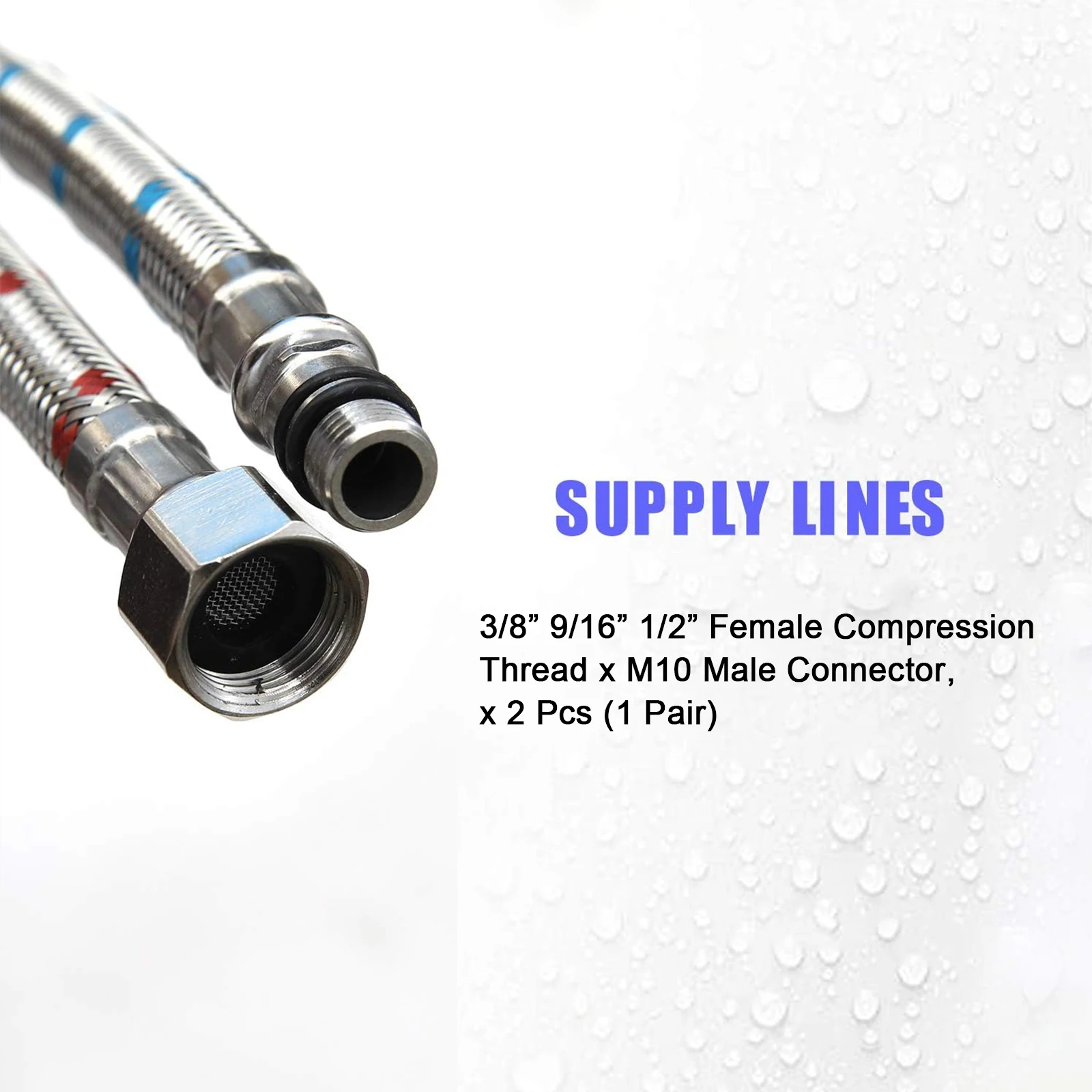 2 Piece 24-Inch Long Faucet Connector Stainless Steel Supply Hose 3/8 9/16 1/2 Female Compression Thread x M10 Male Connector