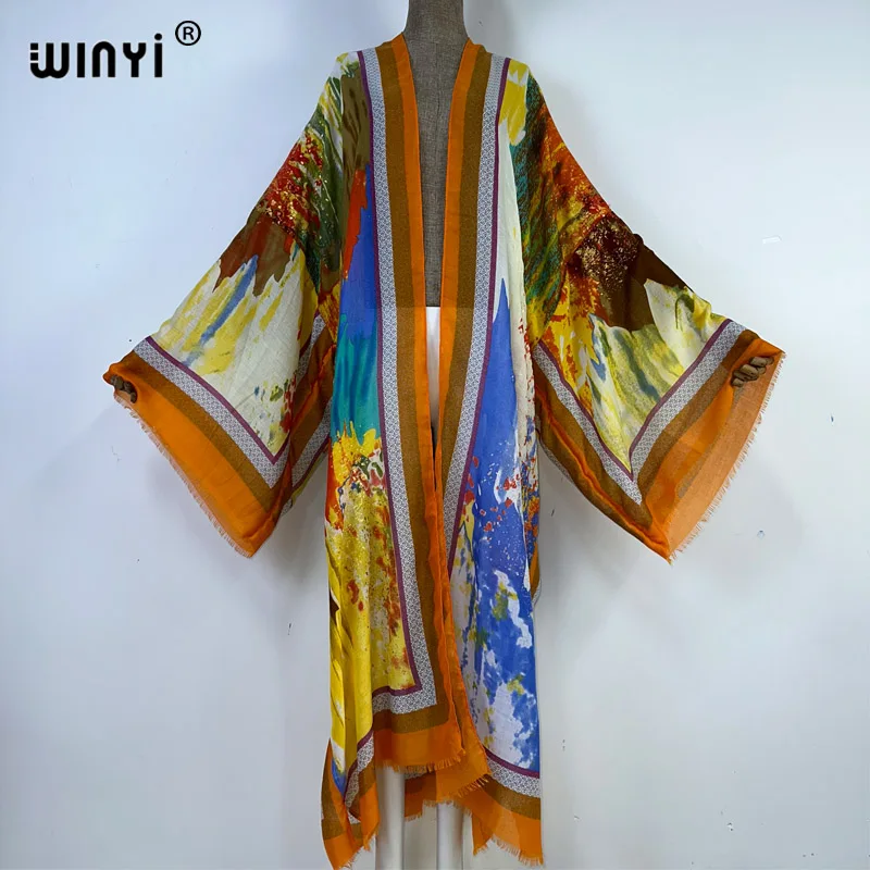 WINYI 2023Summer gild print cotton feeling Women Cardigan Loose Long Dress Party Boho Maxi Holiday Beach Wear Swim Suit Cover Up