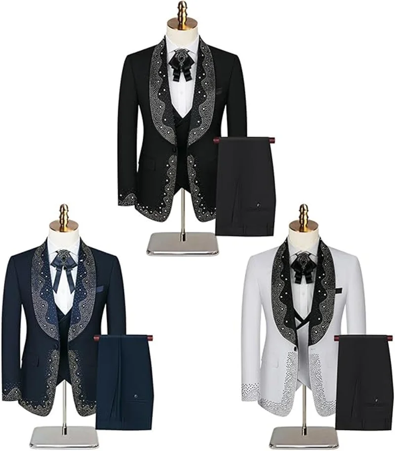 

Luxury Crystals Men Suit Set 3 Pcs Black Blazer+Vest+Pants Trousers Formal Office Coat Wedding Tuxedo Customized Jacket Outfit