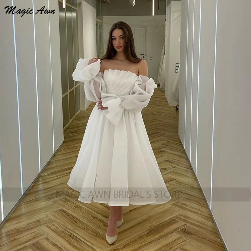 Magic Awn Boho Organza suknie ślubne Off The Shoulder Puffy długi rękaw sznurowane powrót Tea-Length suknie ślubne dla kobiet Vestido