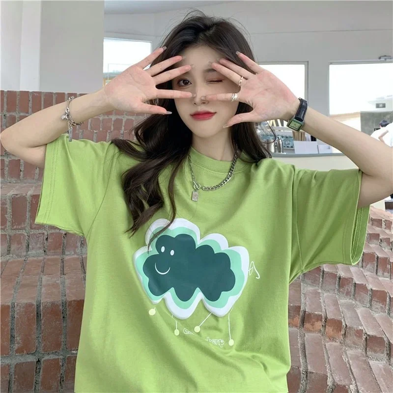 

Green Sheep Cloud Short Sleeve T-Shirts Summer Women O-Neck Loose Fashion Tees Blue Chic Sweet Girl Tops Casual Commute Clothing