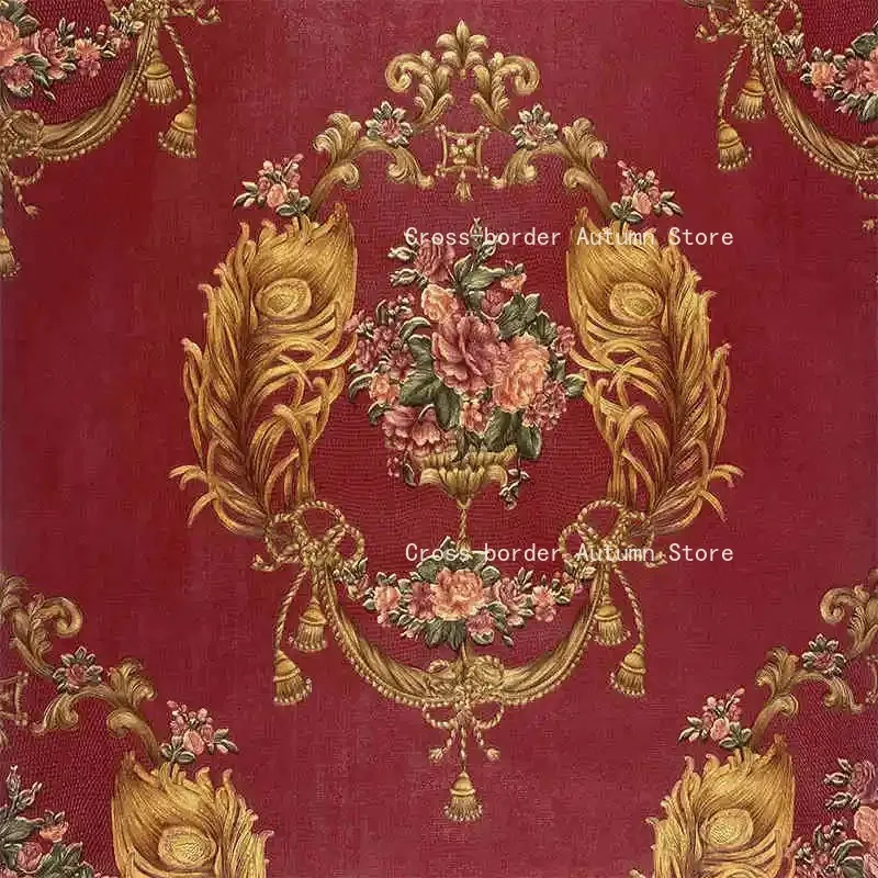 Luxury Red Damask Wallpaper Roll 3D Embossed Thickened Wall Mural for Living Room Bedroom Home  0.53m×9.5m