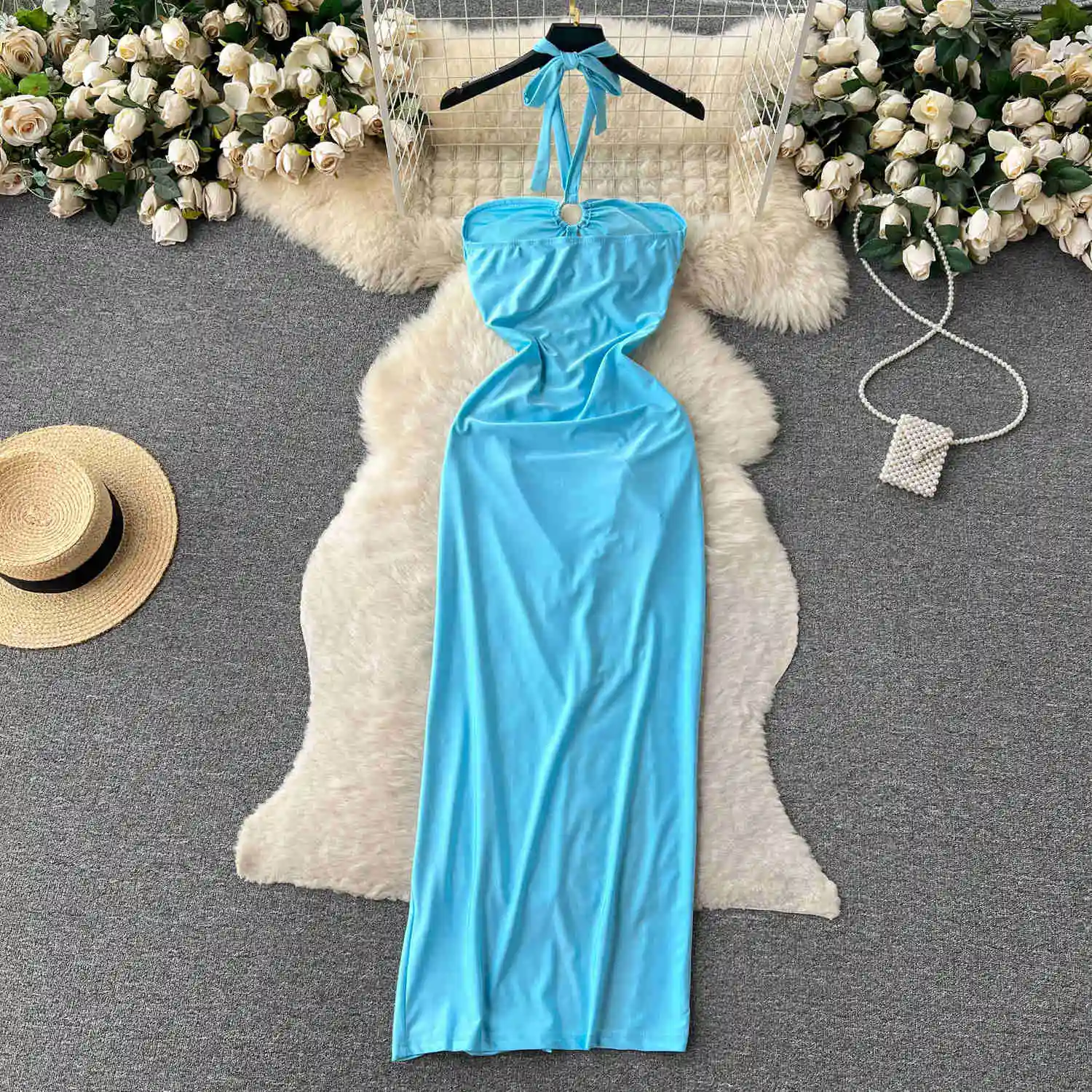 French Elegant Hollow Out Halter Dress Women New Summer Sexy Sleeveless Slim High Waist Drawstring Ruched Split Midi Party Dress