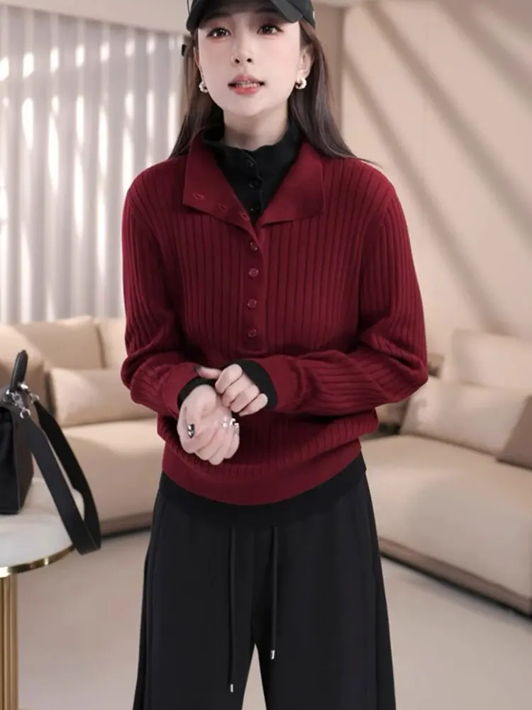 الكورية Sle عالية الياقة f مفتوحة محبوك سترة عادية تخفيف طويل Sve الخريف جديد Sle المرأة وهمية قطعتين سترة