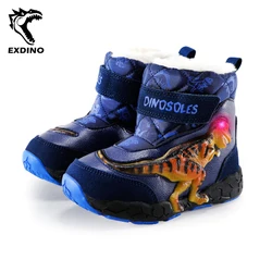 EXDINO Children's Winter Snow Boots T-REX LED 3-6Y Boys Girls Kids Light Up Shoes Leather Warm Plush New Flashing Outdoor Boots