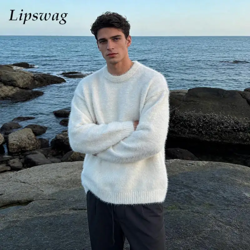 

Модный мужской вязаный свитер с флисовой подкладкой, уютный пушистый свитер, теплый зимний повседневный мужской свитер с длинным рукавом и круглым вырезом, весенняя уличная одежда