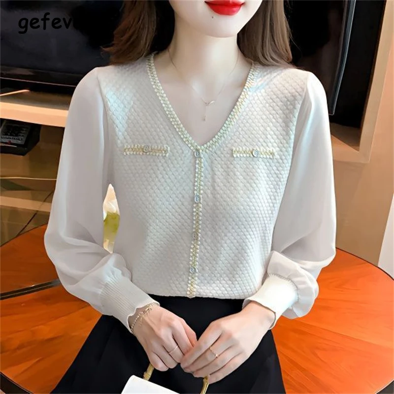 

2024 Spring Summer Women Trendy Bright Silk Sweet Chic V Neck Blouses Female Casual Long Sleeve Patchwork Tops Blusa Feminina